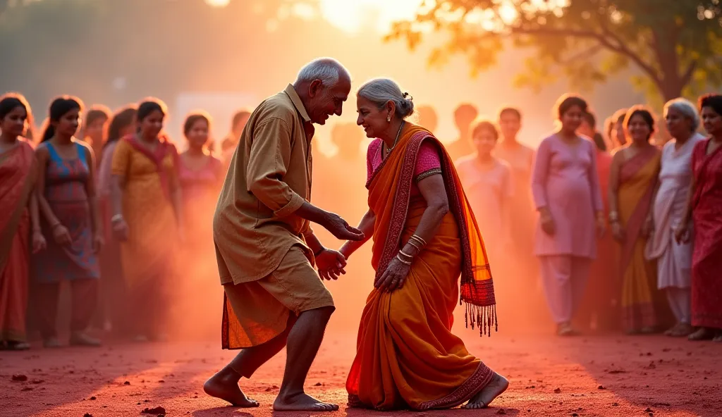 "The young girls watching the elderly couple are shocked. One of them whispers, ‘बुढ़ऊ के जोशवा जवान भईल!’ while another one laughs, pointing at the old woman who is teasing her husband with flirty expressions. The old couple playfully challenges each othe...