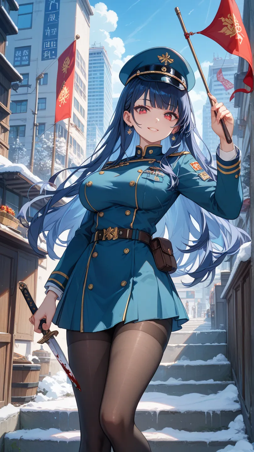  very big breasts 、 Dark blue hair 、 I have a kitchen knife with blood on my right hand {x} My long navy hair and bangs are mixed with white、sharp eyes and red eyes 、 The clothes are a blue military uniform and military hat 、The background is a snowy city ...