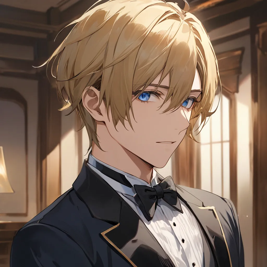 (masterpiece, High Resolution, top quality), Alone, 1 male, adult male、22-year-old male, Butler、 Gold、sincerity、Emotionless、blue eyes、short hair、anime style、golden hair、Mainly Face、cold eyes on the back、indoor solo、handsome、handsome、 black tuxedo 、