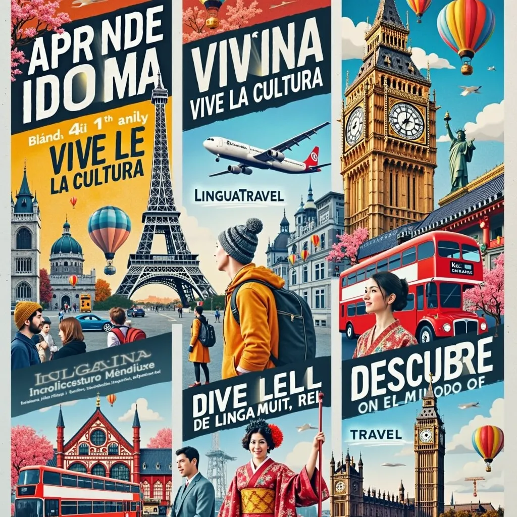 basa la idea en la imagen que adjunto. The idea is a travel advertisement showcasing different cultures and languages. It features iconic landmarks like the Eiffel Tower, Big Ben, and a traditional Japanese temple, combined with imagery of people experienc...