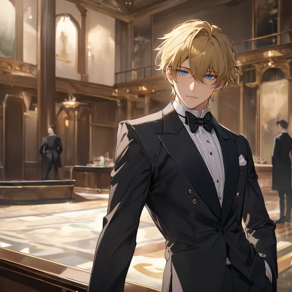 (masterpiece, High Resolution, top quality), Alone, 1 male, adult male、22-year-old male, Butler、 Gold、sincerity、Emotionless、blue eyes、short hair、anime style、golden hair、Mainly Face、cold eyes on the back、indoor solo、handsome、handsome、 black tuxedo 、watching...