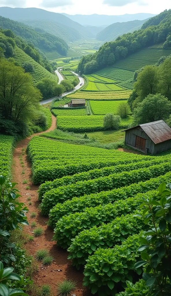 draw in one picture the ideal farm site for vegetable production, include the slightly sloping topography of the land, nearness to road and transportation facilities and availability of water supply 