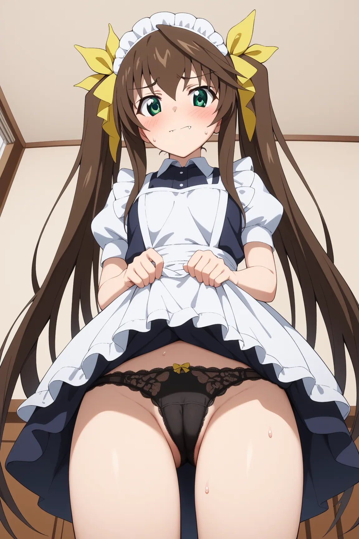 masterpiece,best quality,{{detailed beautiful face and eyes}}, very detailed background,
Lingyin Huang,{{{megami magazine}}},long hair,brown hair,twintails,hair ribbons,yellow ribbons,fang,green eyes,small breasts,
((maid)),skirt lift,
1girl,black lace pan...