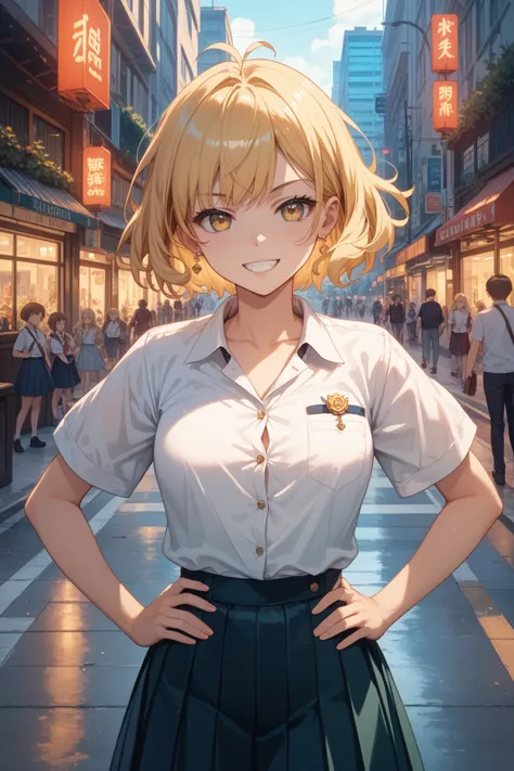 masterpiece, best quality, highly detailed, ultra high resolution, finely crafted,  
anime-style, Japanese Gal Style, schoolgirl, Heisei-era gal, blond hair,  
young female character with delicate features, short bob wavy black hair, striking golden eyes, ...