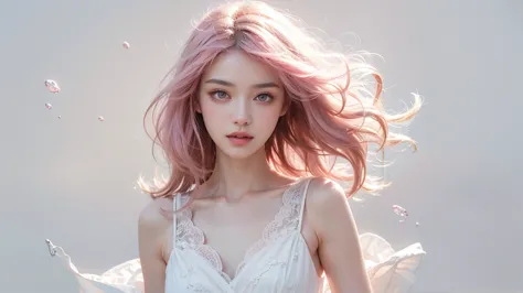 light pink hair, pink eyes, Pink and white, , Brilliant Color, white dress,  Paint Splashes, simple background, ray tracing, wavy hair