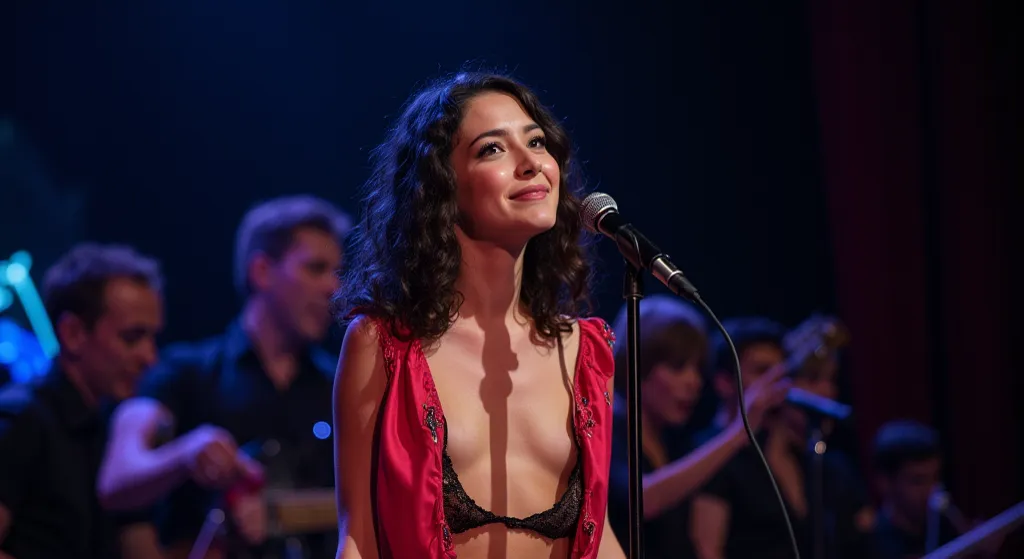 A young French singer is singing on stage, wearing a retro outfit and hairstyle. A stand microphone stands in front of her at a distance as show her face all, and a live band playing contrabass and guitar is behind her. d looking straight ahead like portfo...