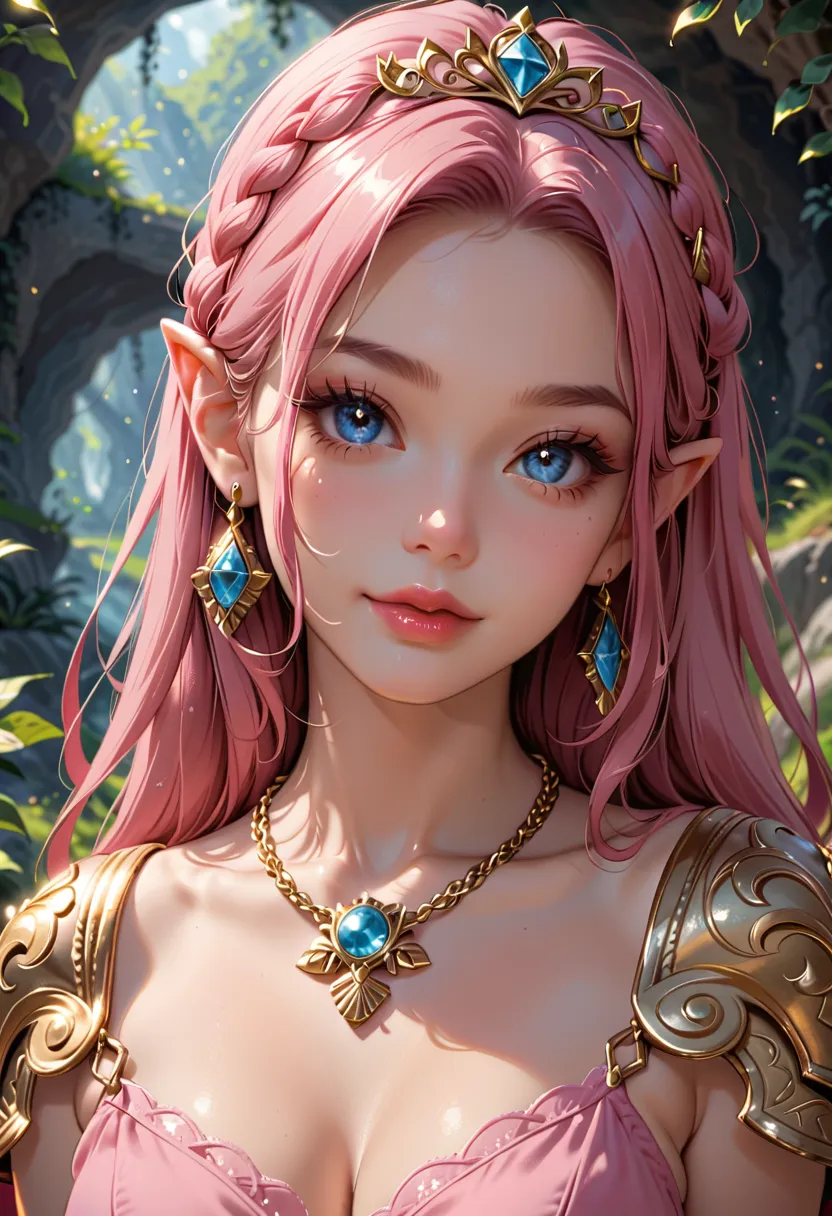 score_9, score_8_up, score_7_up, Portrait, Zelda, cute, seductive, innocent, light smile:0.3, plump lips, slender body, ankle-length pink dress, jeweled tiara, golden shoulder pads, a gold chain as a necklace, vibrant, fantasy, epic, heroic, cave backgroun...