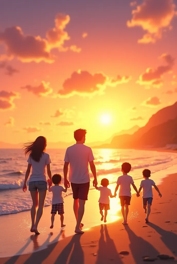 I want to create the image of a family with a mother, father and three boys.
Walking on the beach at sunset

