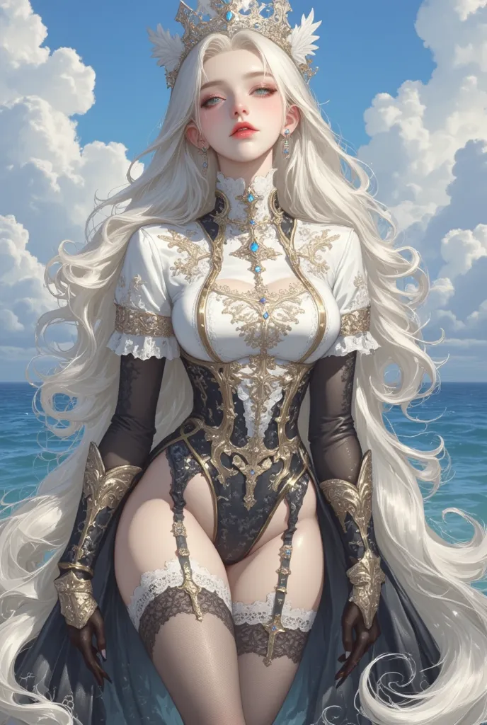 (masterpiece, best quality, ultra-detailed, 8K, game character style), Furina from Genshin Impact, (sensual and confident standing pose), (walking with a slow, teasing sway in her hips, one hand elegantly lifting the edge of her flowing coat, the other res...