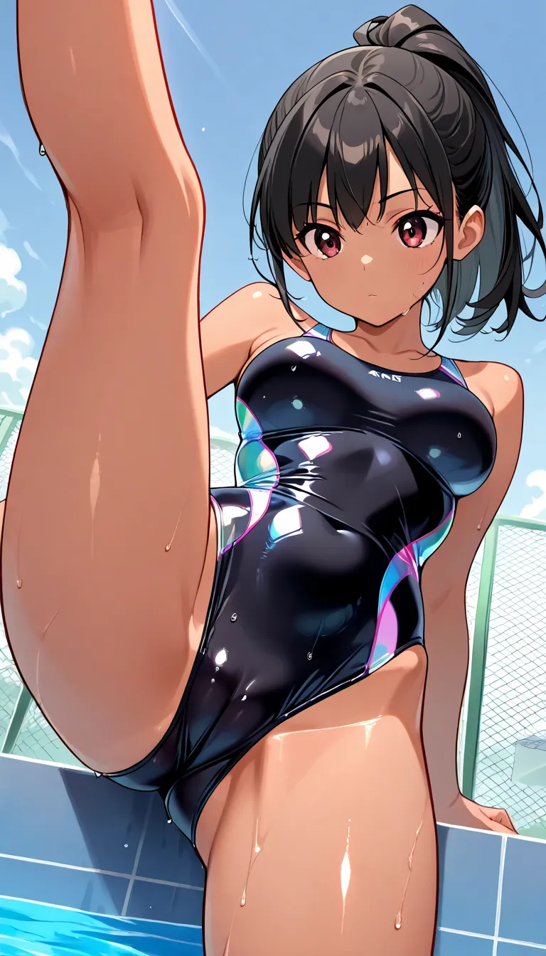 1 japanese girl,dark skin,alone,alone,Only one woman,((shiny black iridescent competition one-piece swimsuit)),medium breasts,black hair,ponytail,standing on outdoor poolside,from below,close up hip,((front style)),turn around,cowboy shot, angles above the...