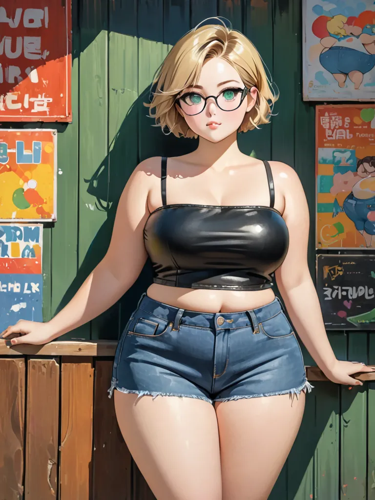 girl, chubby girl, plump girl, blonde, short hair, open forehead, no bangs, green eyes, black square-framed glasses, black top, sleeveless top, short top, leather top, top without straps, denim shorts, short shorts, in full growth 