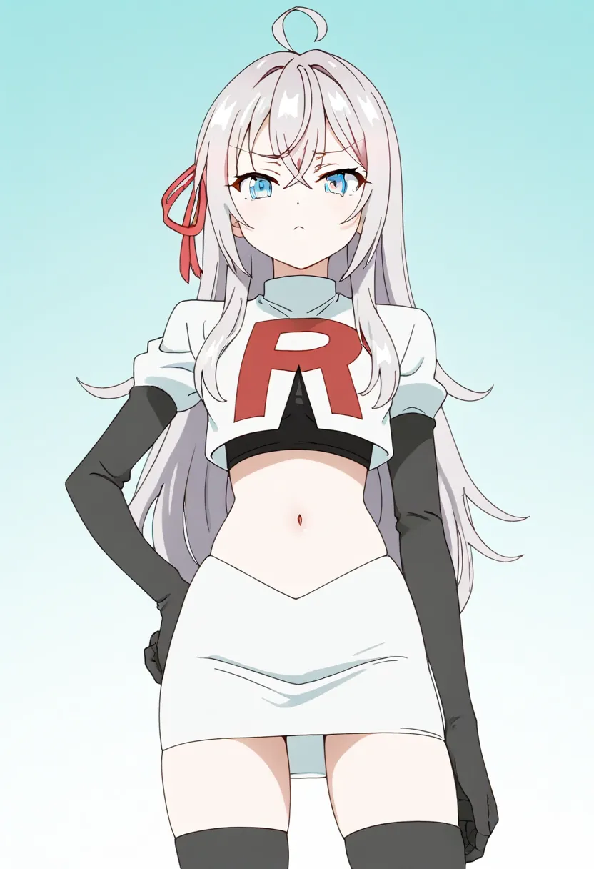 masterpiece, best quality, amazing quality,
1girl, solo, looking at viewer, gradient background, 
long hair, silver hair, ahoge, crossed bangs, red hair ribbon, sidelocks, blue eyes,
team rocket,team rocket uniform,white skirt,red letter R,crop top,black t...