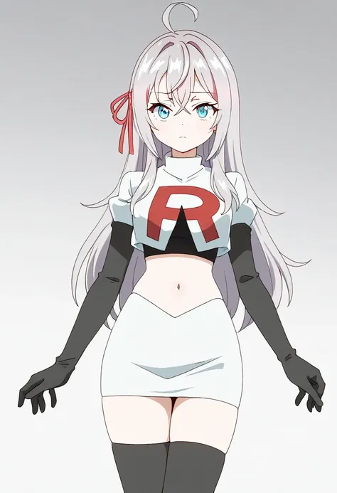 masterpiece, best quality, amazing quality,
1girl, solo, looking at viewer, gradient background, 
long hair, silver hair, ahoge, crossed bangs, red hair ribbon, sidelocks, blue eyes,
team rocket,team rocket uniform,white skirt,red letter R,crop top,black t...