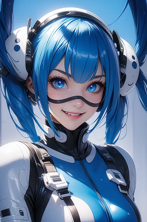 1girl, domino_mask, polka_dot, mask, solo, blue_eyes, blue_hair, twintails, portrait, short_twintails, smile, bodysuit, eyelashes, ribbon, hair_ribbon