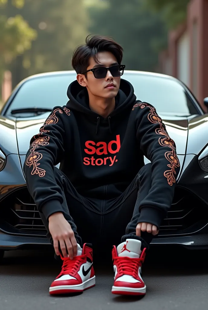 Realistic HD 4D animated photos, 28 year old boy,  hair middle part , wear sunglasses wear Hoodie in black color Indonesian batik motif and on the front it says "sad story 🇲🇾" wearing red white Jordan shoes, sitting in front of a black sports car, hyper re...