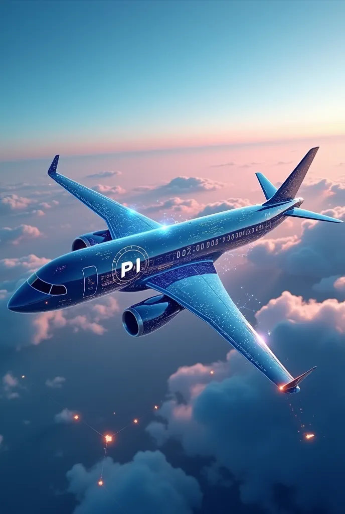 Create an image of a futuristic airplane flying through the clouds with the Pi Network logo subtly integrated into its design. The plane should be sleek and modern, with digital elements that reflect blockchain technology, such as glowing lines and nodes. ...