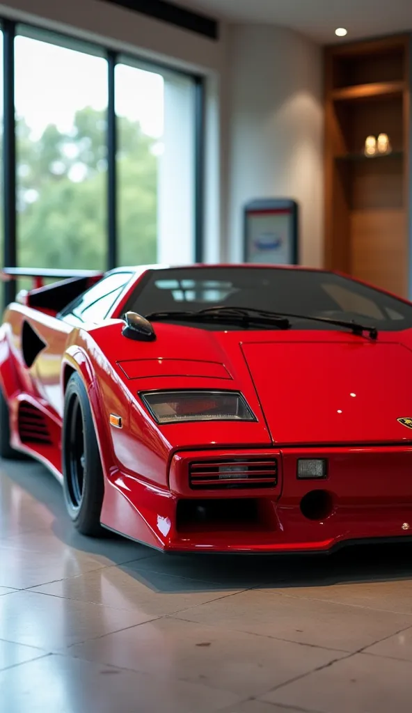 Realistic of futuristic (Lamborghini Countach) with modification, good looking, neat off (Red  ) color, (full side view) parked in luxury showroom 
The background features a contemporary showroom setting with polished floors and natural light, enhancing th...