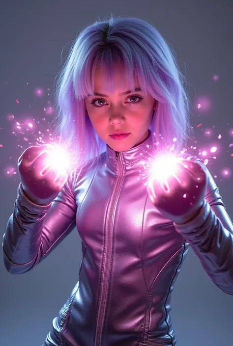 A professional full body photo of a, cute young looking, western tween girl, with light purple hair, she is wearing a futuristic cyberpunk fighting body suit, metalic holographic colors, facing the camera, she is in an epic fighting pose, a white and pink ...