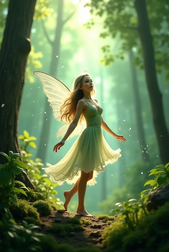 A barefoot fairy with a pixie, in a forest, For story  