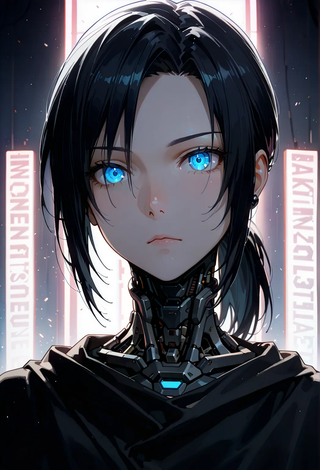 One woman, mature, anime, female anime character, android, Cyb3rWar3, dark blue eyes, sharp face, thin eyes, expressionless, black short hair, black hair, ponytail, sharp face, small chest, black slim mechanical body frame, a black cloak, mechanical neck, ...