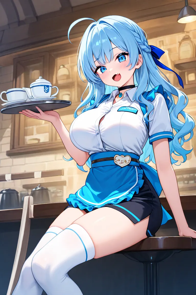 1girl,braid, french braid, blue eyes, blue hair, hair ribbon, blue ribbon, long hair,black choker, wavy hair, big breasts,ahoge,white knee-high socks,fang,blue Cafe Waitress,white collared shirt