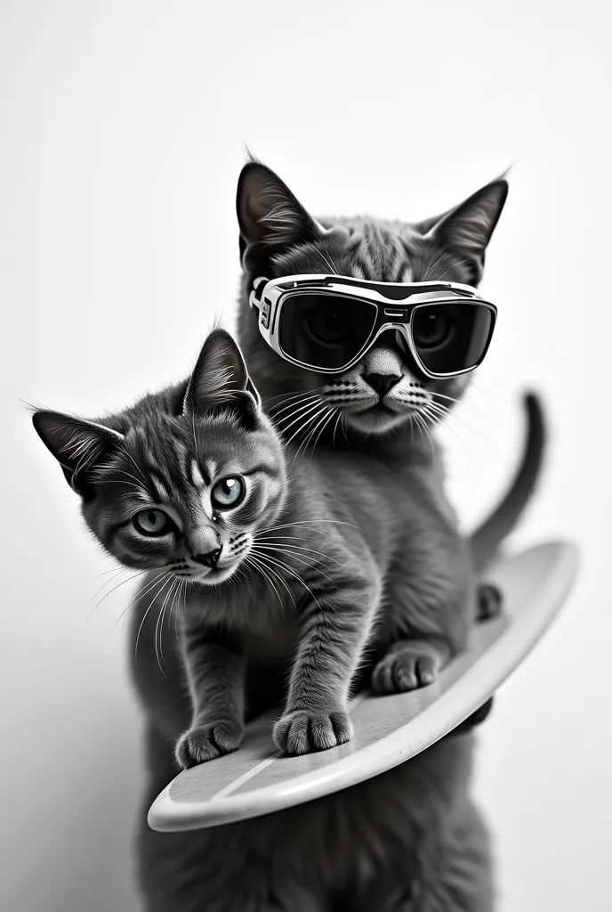 black and white design of a photo of a cat wearing goggles and a surfing one under the armpit