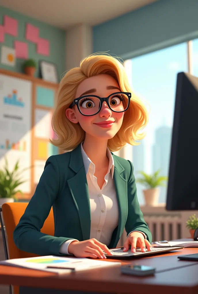 Create a Pixar cartoon like a ager who loves to work in marketing, wearing prescription glasses, her hair is a bit blonde, well dressed with the Company Espaço Marketing