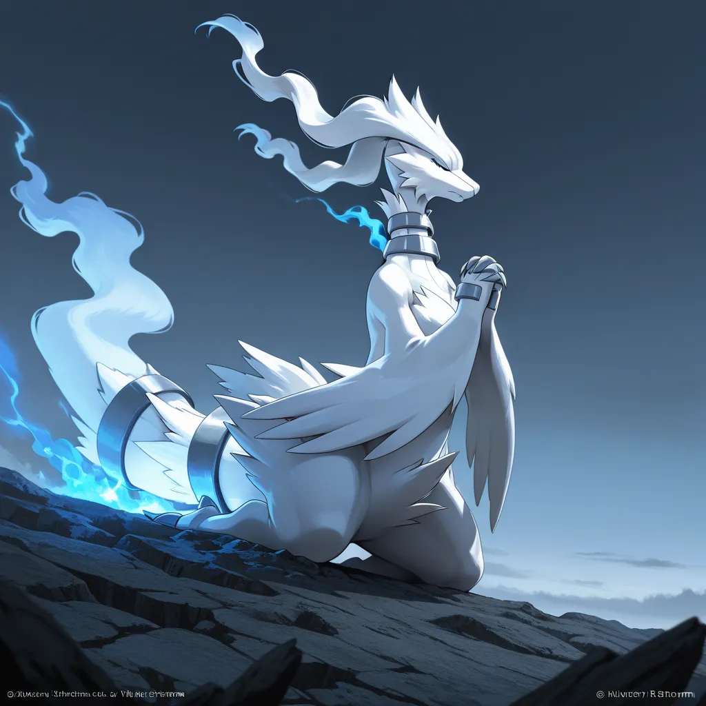 masterpiece, best quality, reshiram, without humans,  Alone,  Sky illuminating, pose praying, Kneel down, eyes closed, Blue Firestorm Scenery, front view 