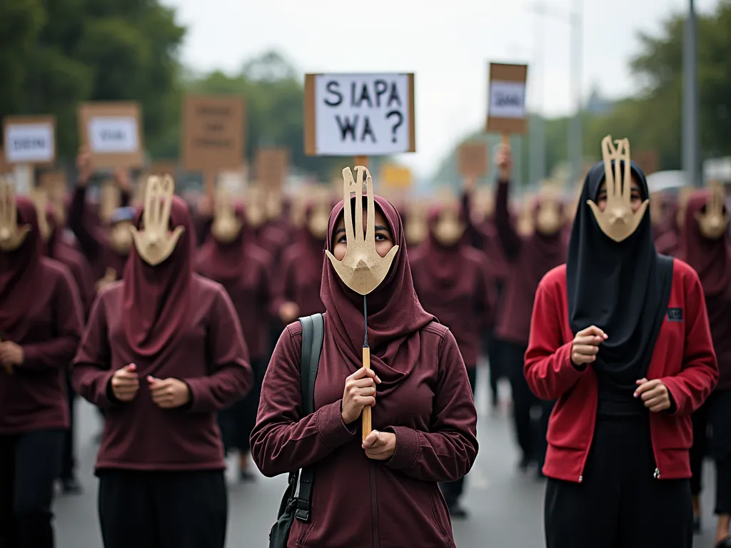 REALISTIC PHOTO OF THE DEMONSTRATION ATMOSPHERE, SOME MEN AND WOMEN ARE WEARING PAPER FACE MASKS WITH HANDS ON THEM, THEY ARE HOLDING BOARDS WITH THE WORDS "WA", some are holding boards with the words "SIAPA?", boards with the words "SIAPA WA", boards with...