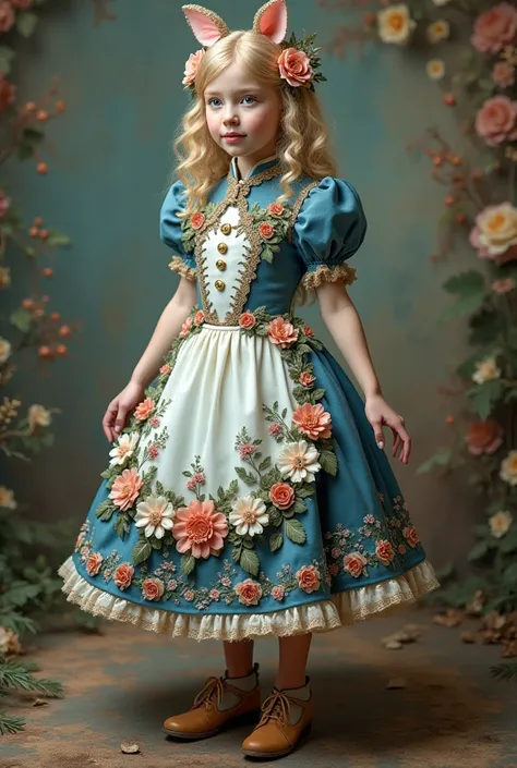 Related to the book "Alice Through the Looking Glass and the color palette of:  navy blue, baby blue, baby pink , pine green, beige and red wine. Create a costume that conveys innocence, dreams,  bravery , adventure, nostalgia and the artistic side. Add 3D...