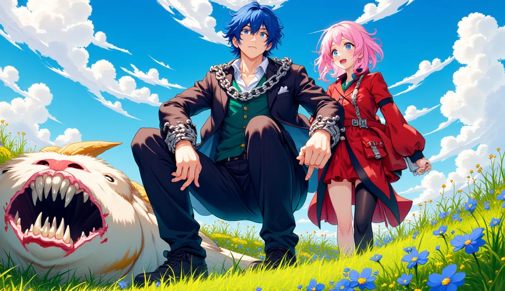 Create an anime manhwa style image with a vibrant blue sky and fluffy white clouds over a lush green meadow filled with small blue flowers. In the center, prominently featured, stands a blue-haired young man in a dark suit with heavy chains on his wrists a...