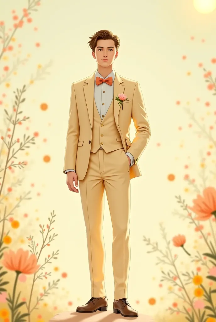 ghibli art style groomsman in pastel gold themed tuxedo in ghibli art style
