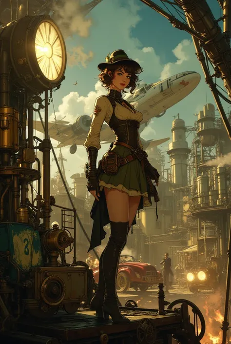 femme inventrice steampunk sur une plateforme métallique, entourée de tuyaux et d'engrenages. Elle porte une robe courte complexe avec du laiton, des bas et des cuissardes a talons aiguilles. Derrière elle, un avion rétro-futuriste et une voiture steampunk...