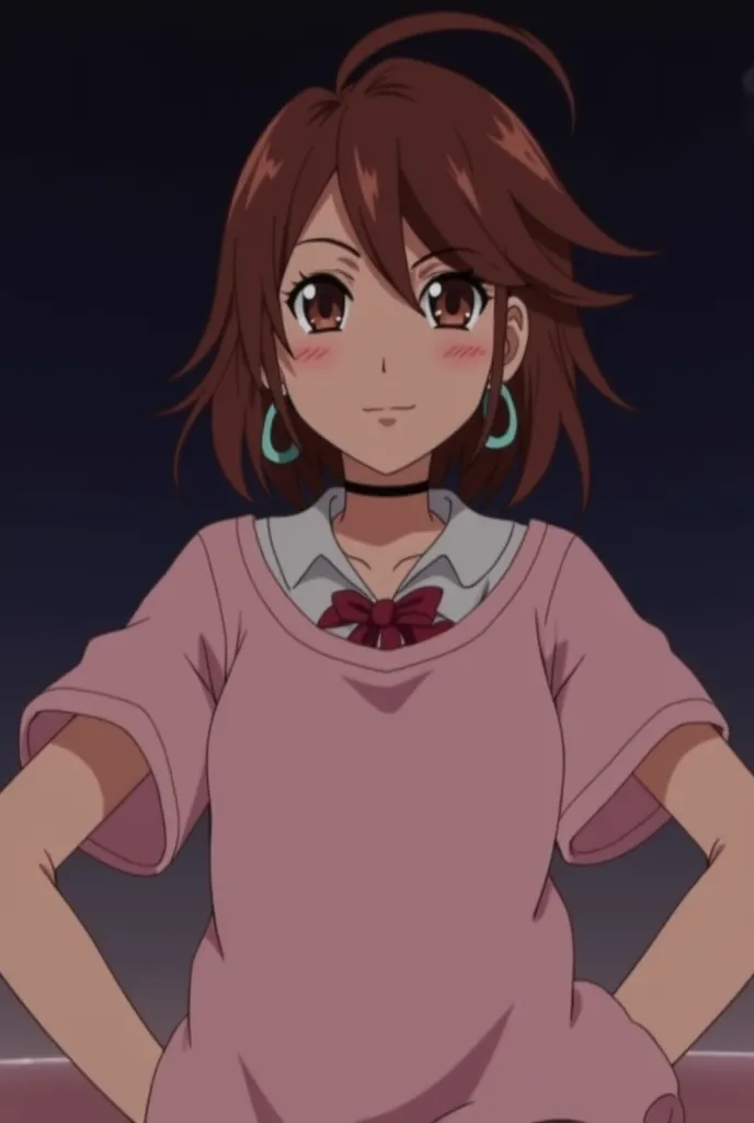 score_7_arriba, anime screencap,  source  _anime, a girl, Alone , KJoMomo , brown hair, brown eyes,  Medium Hair, hair between the eyes,  thick eyebrows, earrings,  t-shirt,  of foot, hands on hips, abadejo, looking at the spectator, blush, Dutch angle, be...