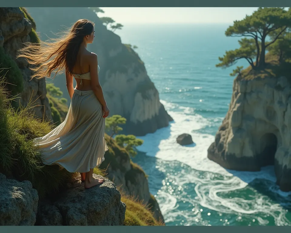 Woman standing on top of a rock near the sea