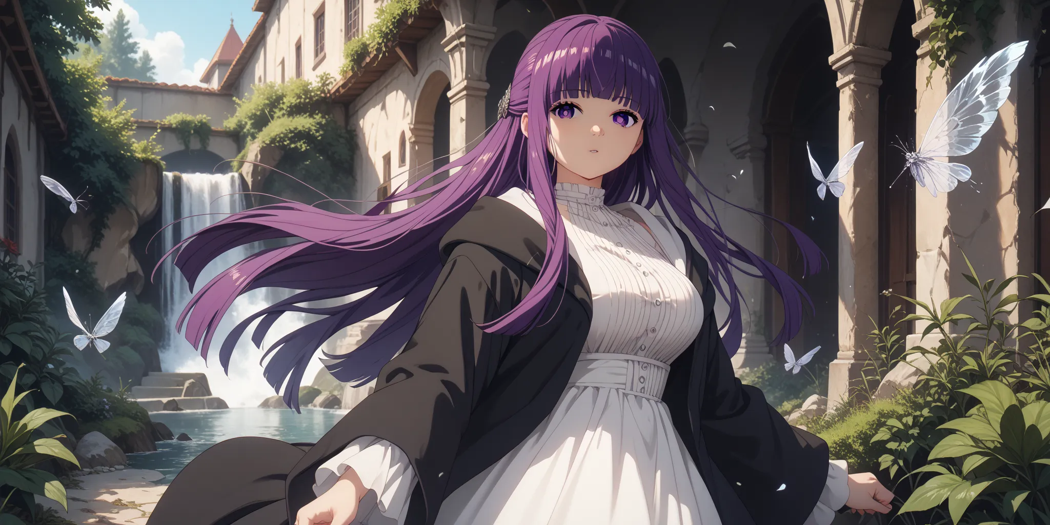 fern, 1girl, solo, long hair, bangs, purple eyes, purple hair, sidelocks, blunt bangs, bright pupils, half updo, large breasts, long sleeves, dress, white dress, long dress, robe, black robe,  glossy skin, glistening skin, looking at viewer, Tempting body