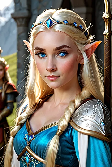 An elf dwarf princess, blonde, blue eyes, With an arc .