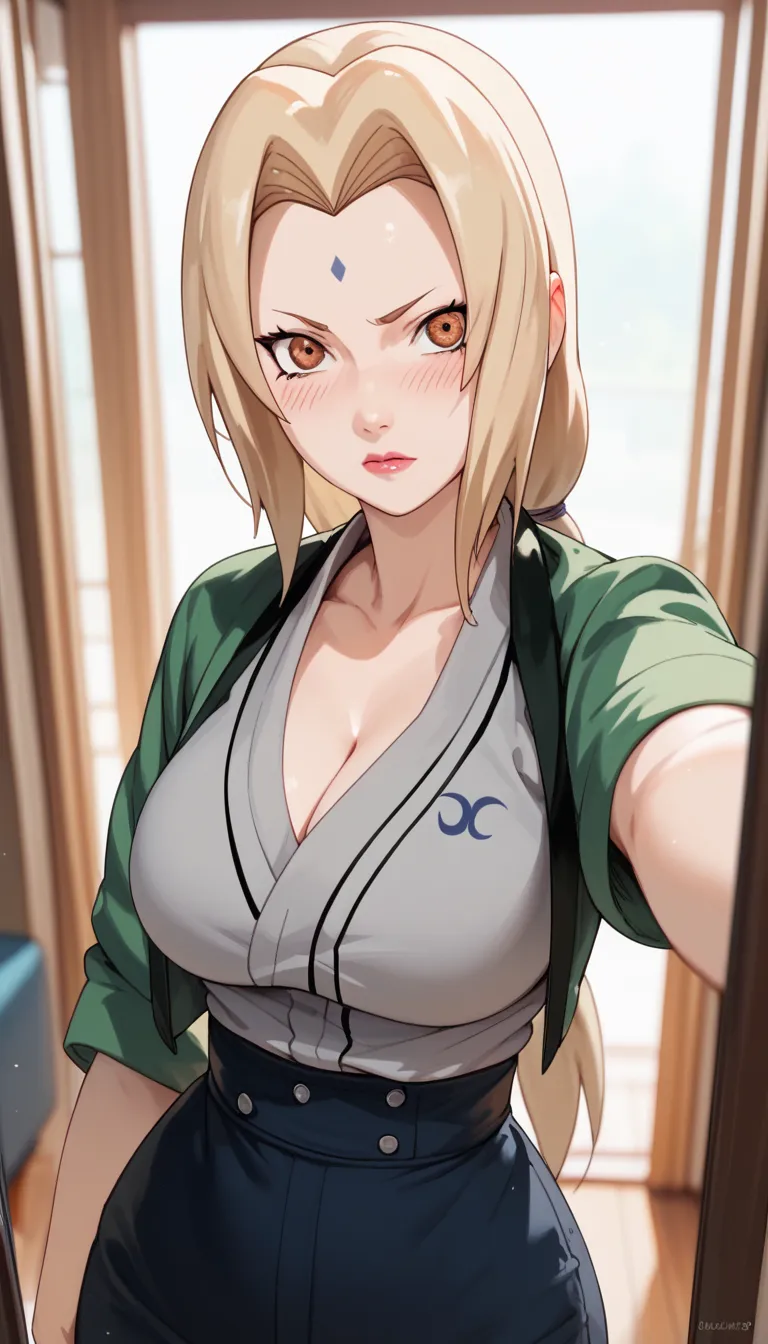 Tsunade,pov selfie,big Breasts,blush ,With a large and wide neckline ,Bad lighting, bad shadows, bad light,Big hips, slim waist 