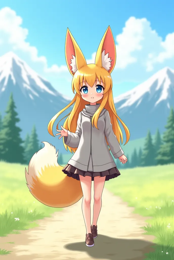 A girl in anime style with massive fennec ears and a big fluffy tail, long blonde hair, and blue eyes, not wearing any thing , is walking in beautiful outdoor scenery with snow-capped mountains in the background.