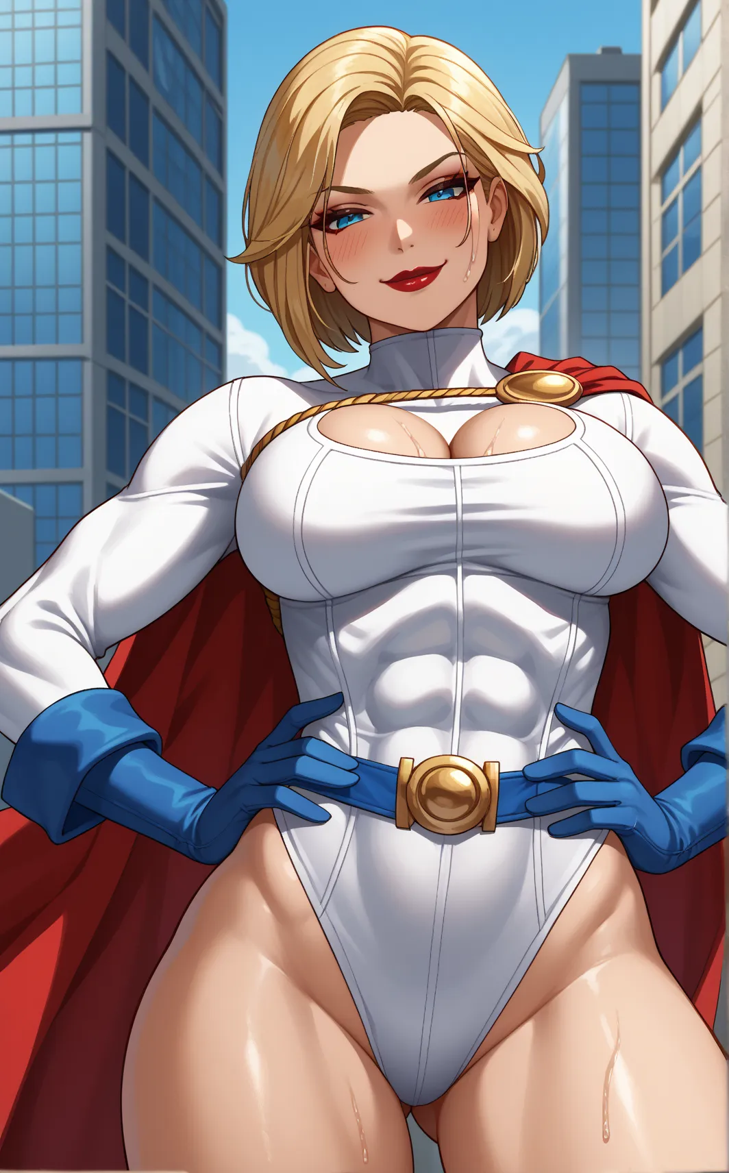 score_9, score_8_up, score_7_up, fighting stance, dynamic pose, action scene, cowboy shot, simple background,depth of field, solo, looking at viewer,  BREAK PONYXL_DC_Powergirl_ownwaifu, 1girl, blonde hair, blue eyes, large breasts, muscular female, short ...