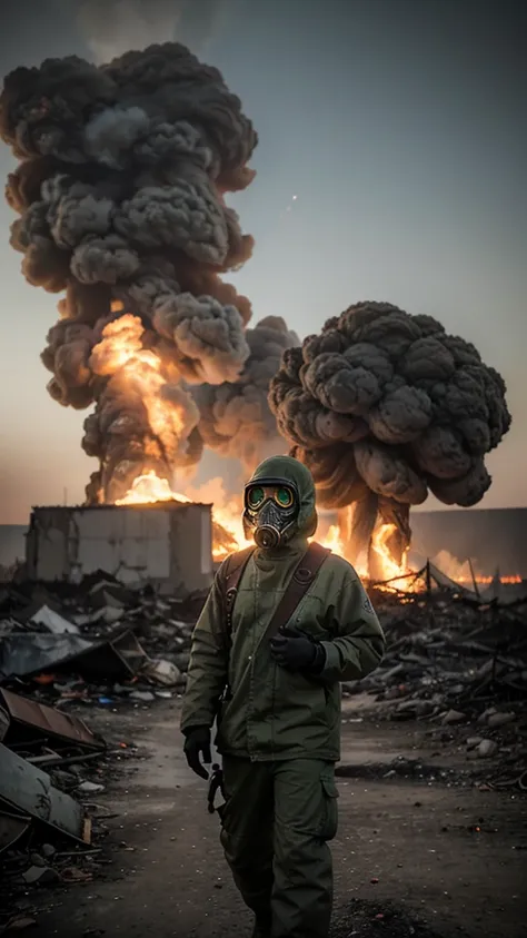 A lone figure wearing a futuristic gas mask stands in the middle of a nuclear apocalypse, gripping a glowing chunk of uranium. The eerie green light from the radioactive rock illuminates their gloved hands and reflects off the mask’s tinted lenses. The bac...