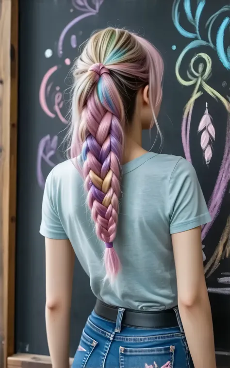 chalkboard art style, graffiti with chalk, multicolor braided pattern, chalk coloring, uneven washing and coloring, rough chalk coloring, facing the blackboard , beautiful female teacher draws on blackboard, back shot, Alone, multicolor braided patternのチ...