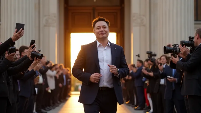 **"Elon Musk walking out of a grand courthouse, adjusting his suit with a smirk. Paparazzi cameras flash wildly as a ‘CASE DISMISSED’ headline scrolls across a giant news screen behind him. The crowd is split—some cheering, others protesting—while Musk str...