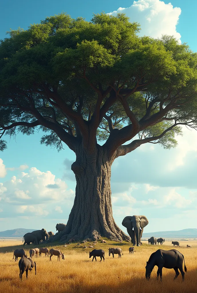 African leafy tree ,with a large crown that reaches the heavens ,and below it many varied animals resting from the African midday sun 