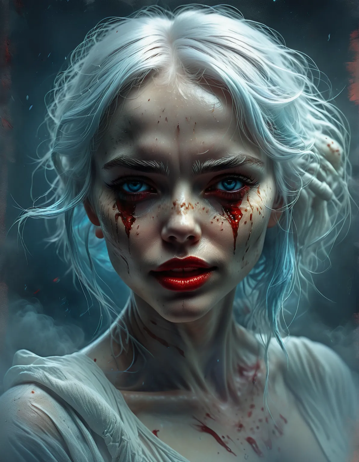 ghostly woman with white hair, ragged clothes, suspended above the ground, hair that blends with the surrounding fog, bloodstained lips , red eyes, claws shining with blue,  effects captured in a double exposure with a pose that radiates terror and seducti...