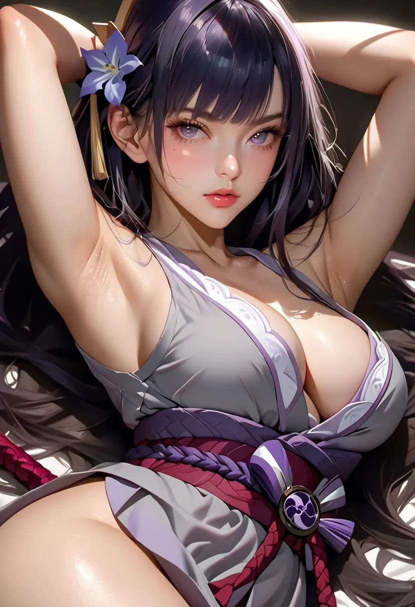 ultra detailed, absolutely resolution, masterpiece.  
raiden shogun , lewd face , perfect great body proportion, large breasts, cleavage, gray sleep dress thin , stretching show armpit. Realistic skin,
extremely clear image, bold and dynamic, contrasts of ...