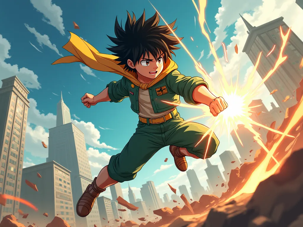 Izuku Midoriya punching while in the air