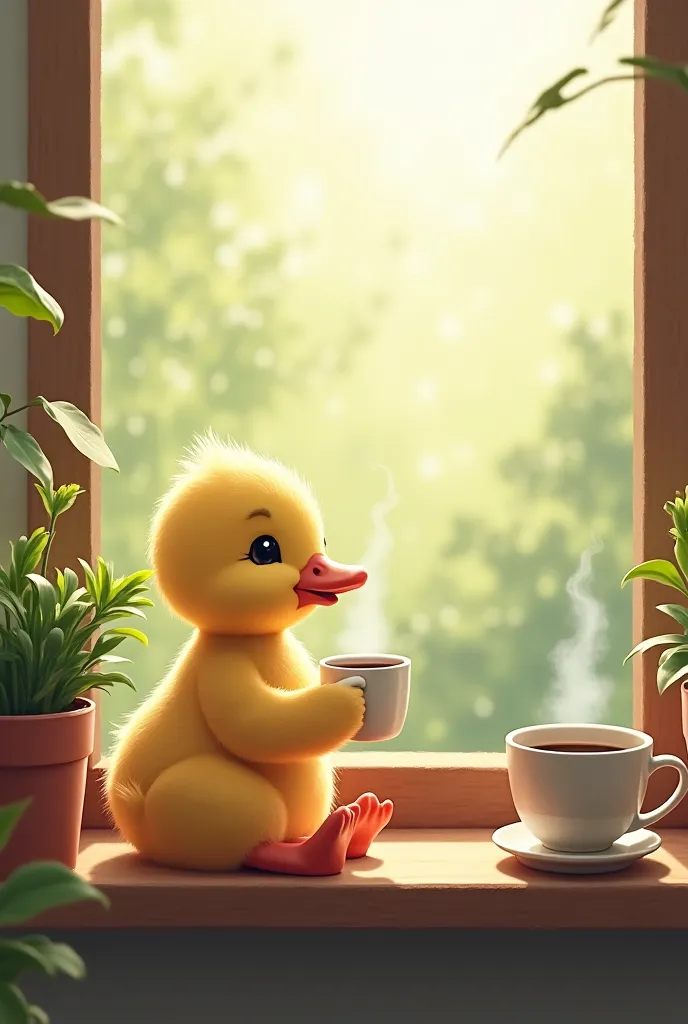 Female duckling drinking coffee next to the window watching nature.