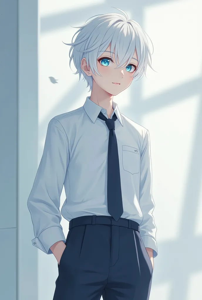 blue eyes male school uniform white hair lenses