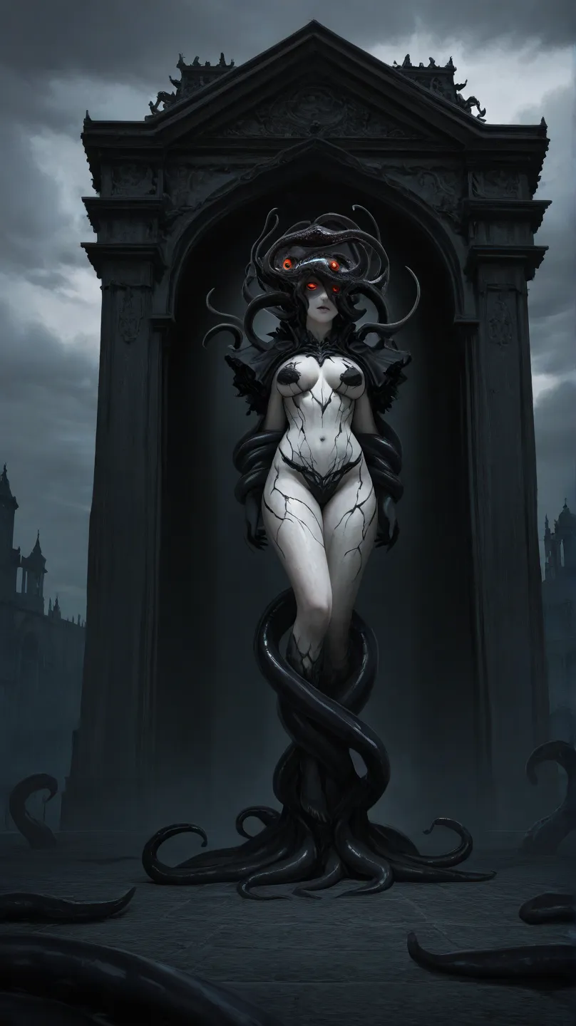 Lovecraftian Horror Gurl, dark eldritch entity, twisted and ominous expression, tentacles writhing,abyssal eyes, porcelain skin,ethereal and unsettling,chiaroscuro lighting,ominous gothic architecture,roiling storm clouds,otherworldly landscapes,dark fanta...